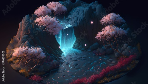 bio-luminescent waterfall, isometric, cherry blossoms, generative ai