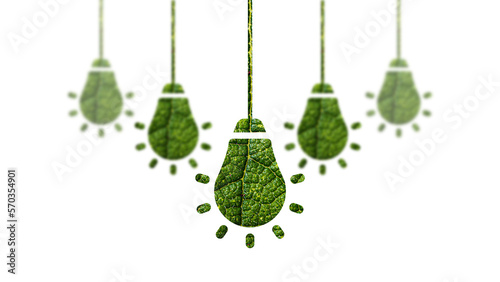 Light bulb made of green leaf isolated on white background. Health care concept. Green Energy. Sustainable Climate Visuals