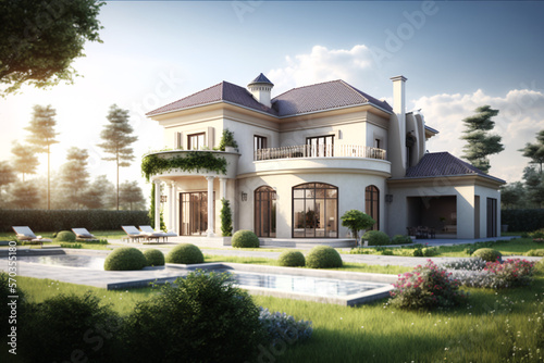 Villa with garden and pool, flowers, 3d render, generative ai © Nicola