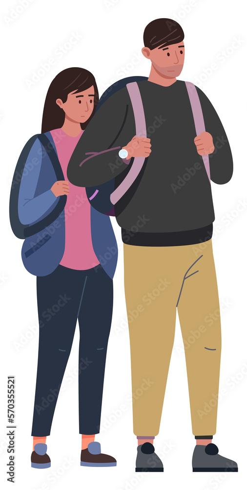 Obraz premium Illegal migrants. Upset young couple with backpacks