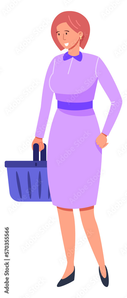 Smiling woman with shopping basket. Happy supermarket customer