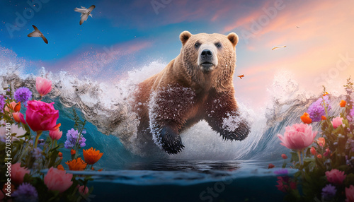 big bear in the water and beautiful flower wallpaper illustration