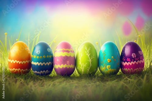 Colorfully painted row of Easter eggs sitting on the grass - Generative AI