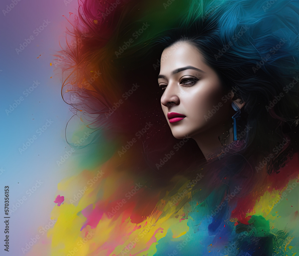 Generative AI abstract multicoloured long wavy hairs portrait of gorgeous woman with bright creative make up, abstract hairstyle. rainbow clouds, Beauty and fashion concept
