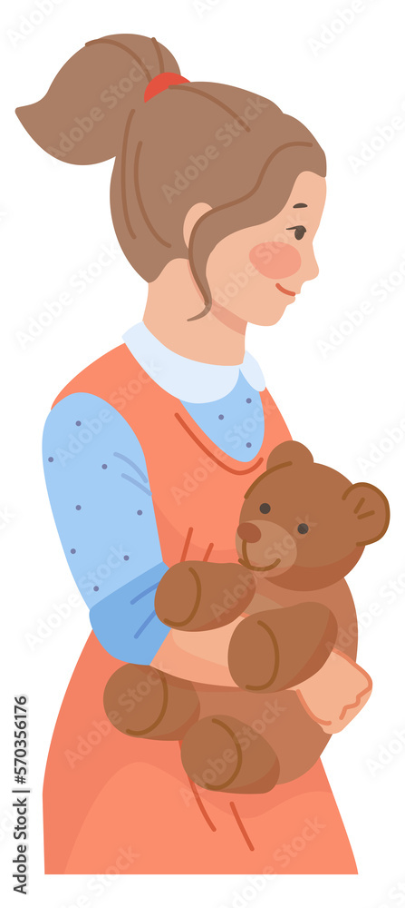 Little girl hold teddy bear. Shy kid with soft toy Little girl hold teddy bear. Shy kid with soft toy