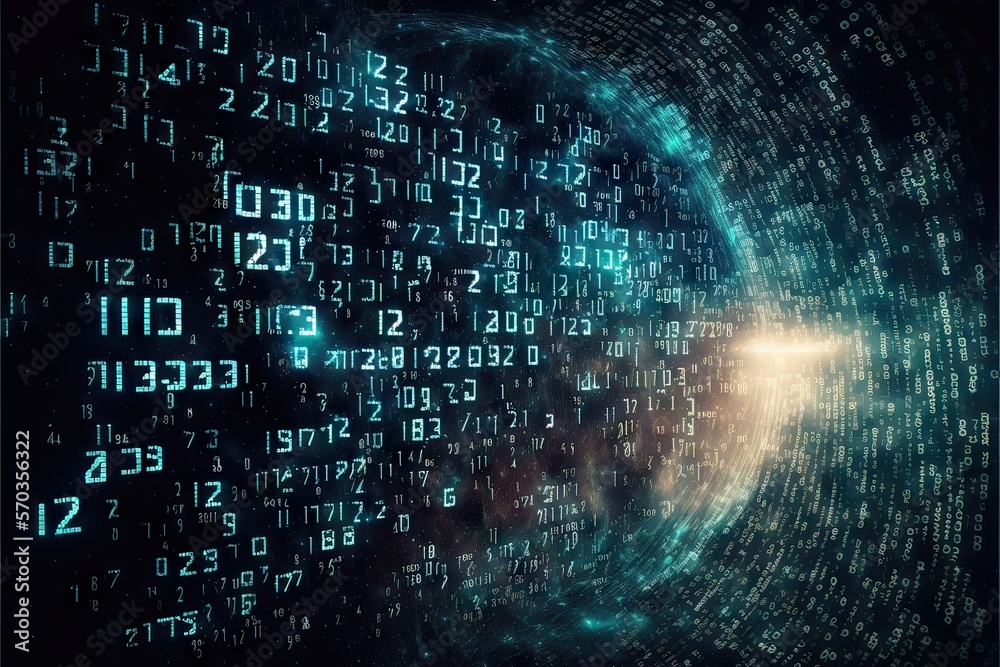 Digital cyberspace: arrays of symbols flying around in matrix style. AI