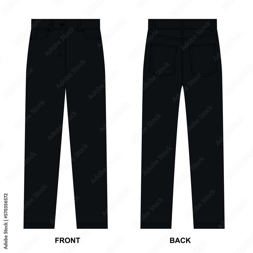 Vector drawing of black classic jeans. Straight jeans front and back ...