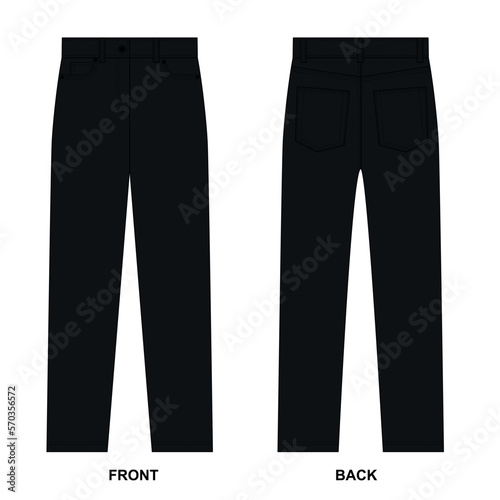Vector drawing of black classic jeans. Straight jeans front and back view template, vector. Sketch of straight trendy five pocket jeans.