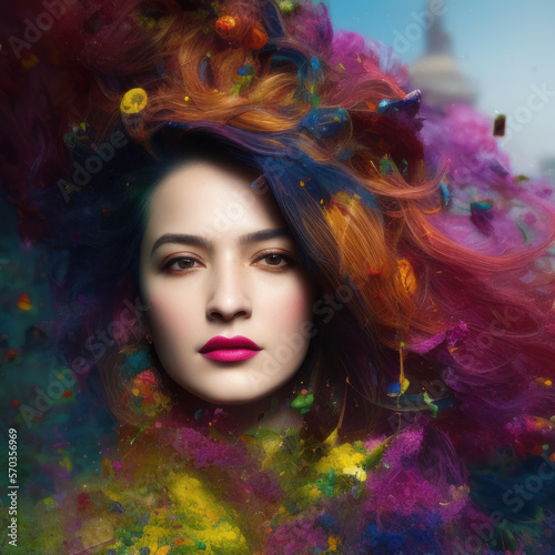 Generative AI abstract multicoloured long wavy hairs portrait of gorgeous woman with bright creative make up, abstract hairstyle. Beauty and fashion concept