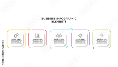 Infographics business template. Visualization of 5-stepped business process. Simple infographic design template. Flat vector illustration for presentation, report.