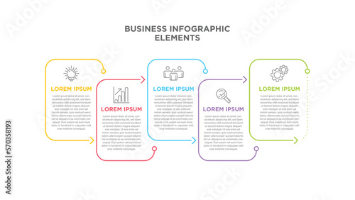 Infographics business template. Visualization of 5-stepped business process. Simple infographic design template. Flat vector illustration for presentation, report.