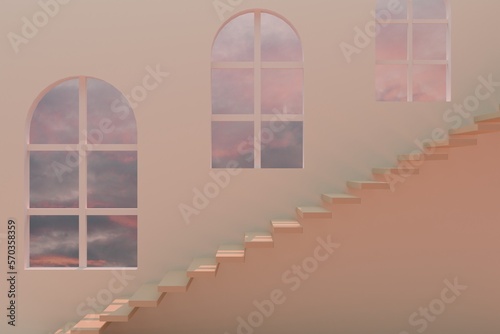 stairs stage  on a cream background with blue sky and clouds On the day when the sun is about to set. 3d render