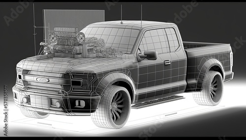 Digital pick up truck engineering schematic, greyscale generative ai  photo