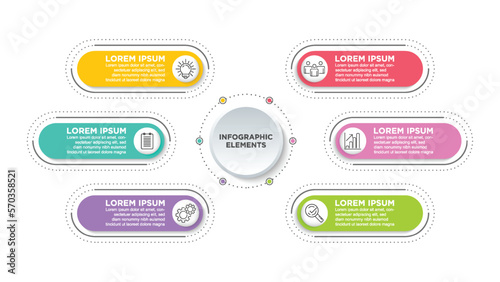 Business 6 step process chart infographics with step circles. Simple infographic design template. Flat vector illustration for presentation, report.