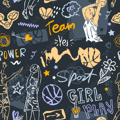 Seamless pattern with basketballs, sportswomen, doodles and text. Women's sports background with girls basketball players for cover design, jersey, wrapping paper, grunge style.