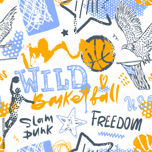 Seamless pattern with basketballs, american eagle, flag, doodles and text. Sports background with for cover design, jerseys, wrapping paper, grunge style.