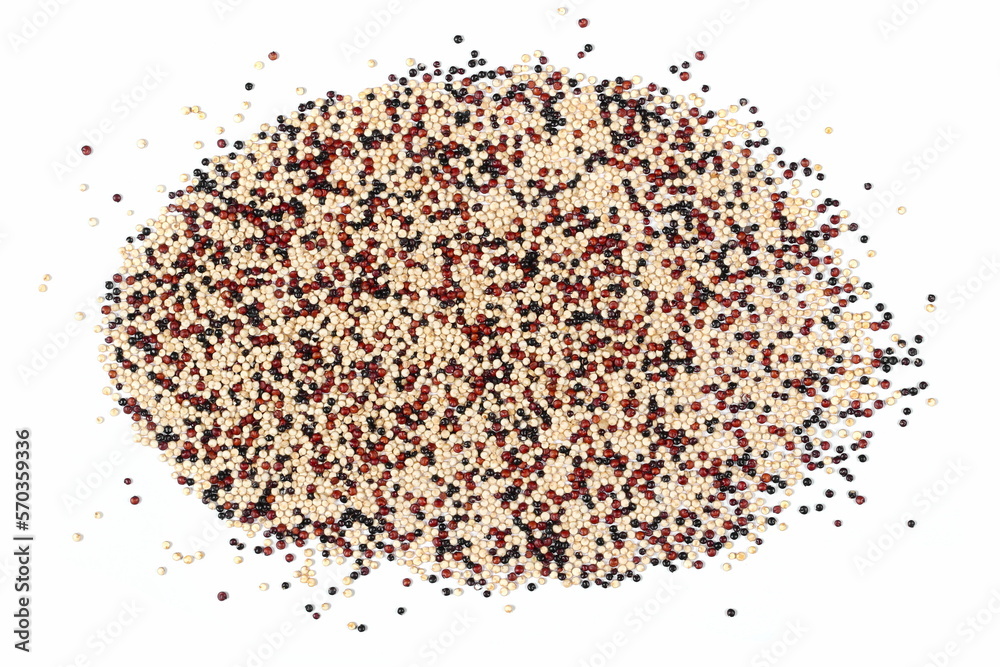 Tri-color quinoa seeds blend pile isolated on white background, top view