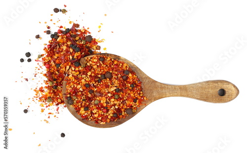 Fototapeta Naklejka Na Ścianę i Meble -  Spicy mixture of spices with chopped lemon peel, chili, peppercorns (black, green and red), mustard seeds, allspice, chopped ginger in wooden spoon isolated on white, top view