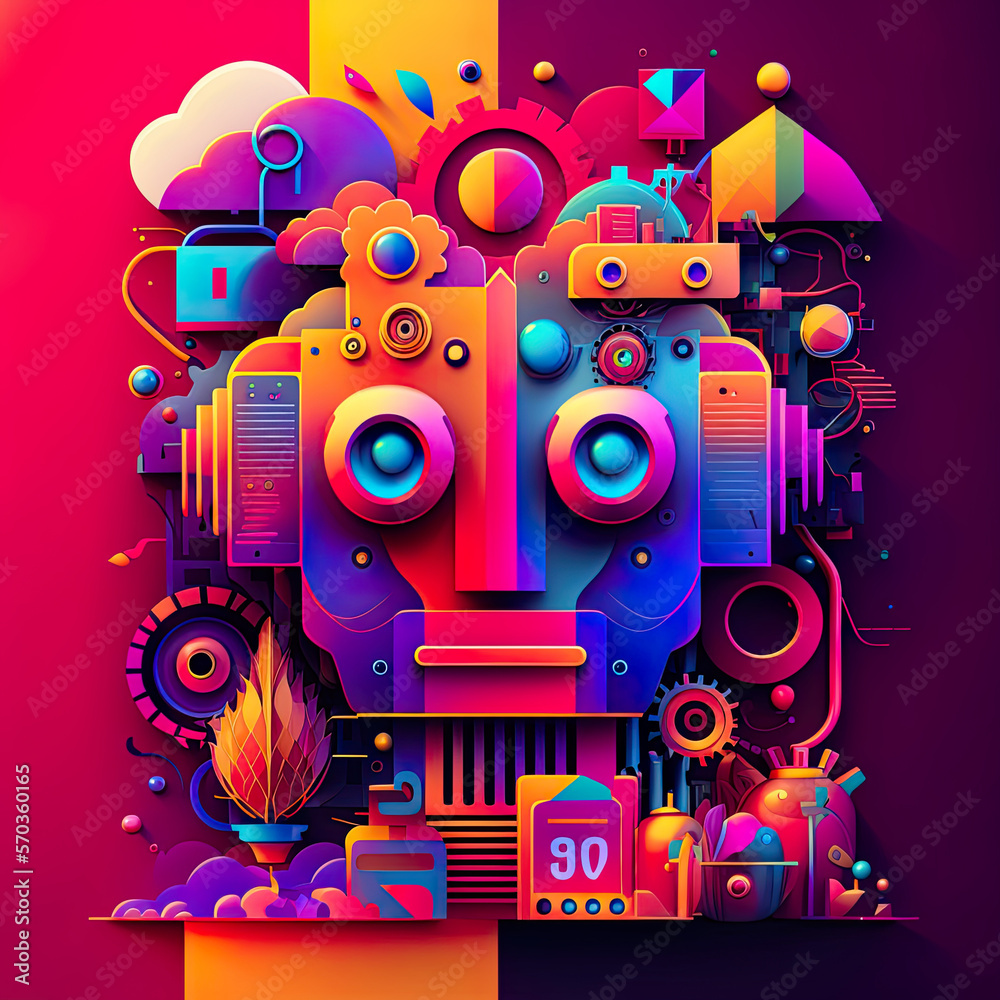 Robot head colorful background in cartoon style. Generative AI