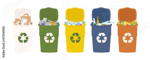 Types of recycling waste, recycling bin. Glass, metal, paper, cardboard, plastic, organic. Vector isolated on white background.