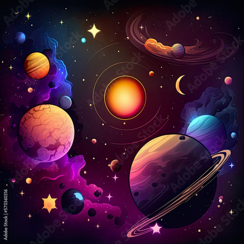 Universe and planets colorful background in cartoon style. Generative AI