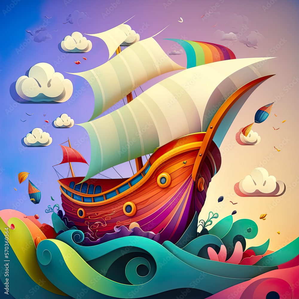 Sailing ship colorful background in cartoon style. Generative AI