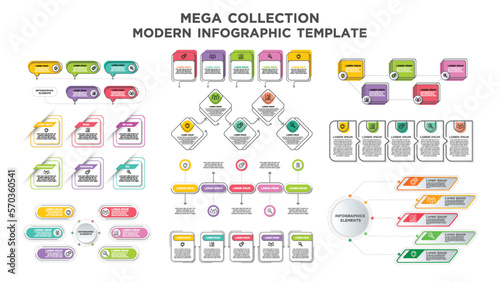 mega collection modern infographics template. Can be used for steps, options, business processes, workflow, diagram, flowchart concept, timeline, marketing icons, info graphics.
