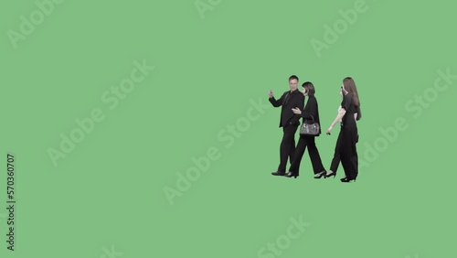 A group of colleagues in busines clothes are walking together and talking. Alpha channel background