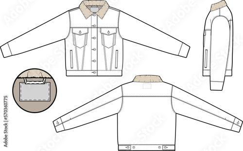 Women cropped sherpa denim jean jacket trucker vector flat technical drawing illustration mock-up template for design and tech packs fashion CAD streetwear fashion brand design resource file slim.