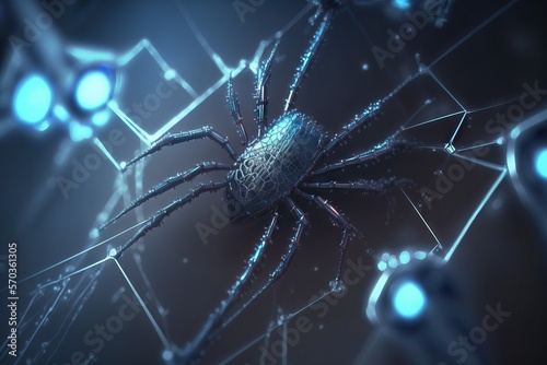 Cybersecurity concept: close-up view at the cybernetic spider on the web looking for a prey. AI