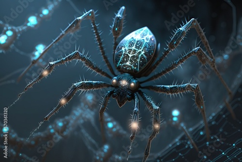 Cybersecurity concept: close-up view at the cybernetic spider on the web looking for a prey. AI