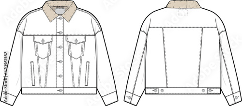 Women oversized sherpa denim jean jacket trucker vector flat technical drawing illustration mock-up template for design and tech packs fashion CAD streetwear fashion brand design resource file baggy.