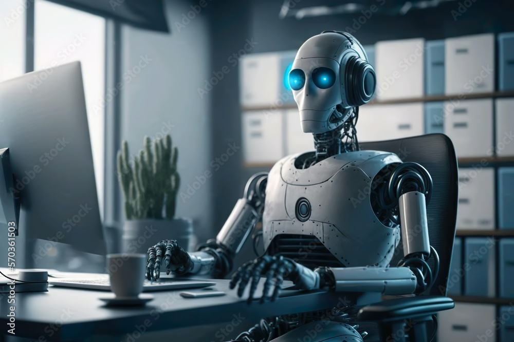 A human-like robot is perched at a table, utilizing a computer to perform tasks as an artificial intelligence entity. ai generated. A human-like robot is perched at a table, utilizing a computer to perform tasks as an artificial intelligence entity. ai generated.