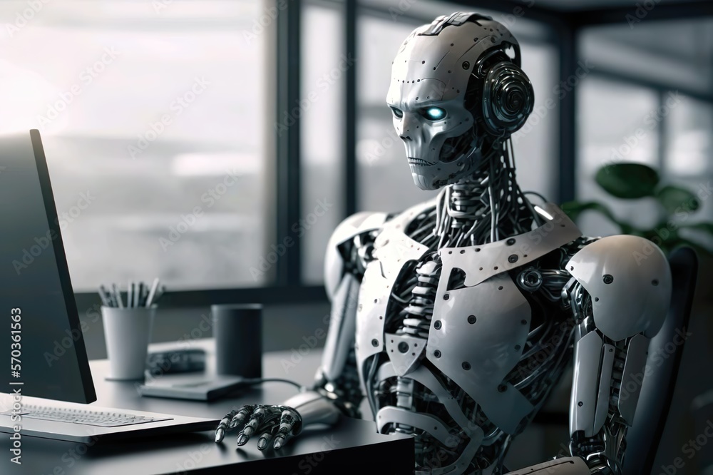 A human-like robot is seated at a table, operating a computer as an artificial intelligence system. The robot embodies the concept of artificial intelligence and has an android design. ai generated. A human-like robot is seated at a table, operating a computer as an artificial intelligence system. The robot embodies the concept of artificial intelligence and has an android design. ai generated.