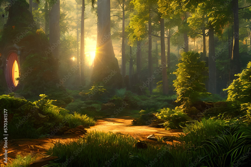 Fototapeta premium Enchanted Passages at Sunset in the Forest with Generative AI
