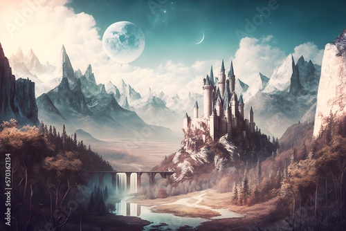Illustration of a fairytale dreamlike castle, magical and mystical medieval kingdom photo