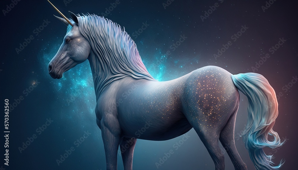a white unicorn with a blue mane and stars on its back standing in a ...