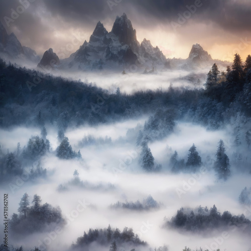 alpine forest and mountain valley with cloud inversion, generative art