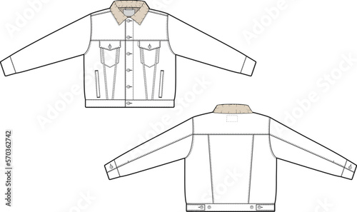 Women oversized sherpa denim jean jacket trucker vector flat technical drawing illustration mock-up template for design and tech packs fashion CAD streetwear fashion brand design resource file baggy.