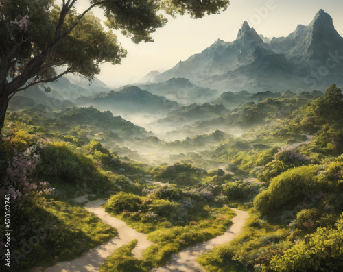 lush misty mountain valley with winding path, generative art