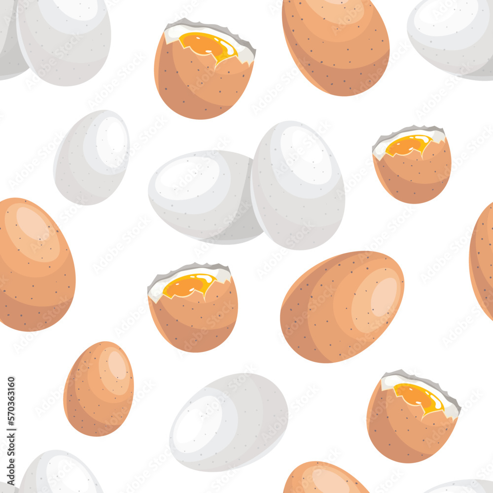 Eggs seamless pattern. Boiled eggs. Morning breakfast background. Vector illustration.