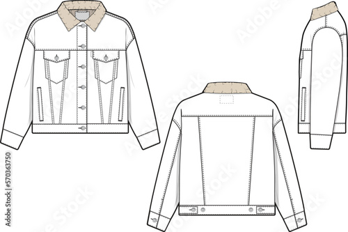 Women sherpa denim jean jacket trucker vector flat technical drawing illustration mock-up template for design and tech packs fashion CAD streetwear fashion brand design tool resource file regular fit.