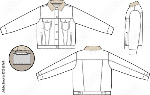 Women sherpa denim jean jacket trucker vector flat technical drawing illustration mock-up template for design and tech packs fashion CAD streetwear fashion brand design tool resource file regular fit.
