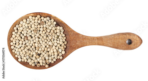 Grain white pepper pile, peppercorn in wooden spoon isolated on white, top view 
