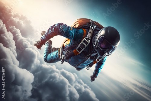 Skydiver in a jumpsuit freefalling above the clouds , Generative ai
 photo