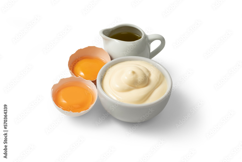 Mayonnaise in white cup egg olive oil, in white background Mayonnaise in white cup egg olive oil, in white background