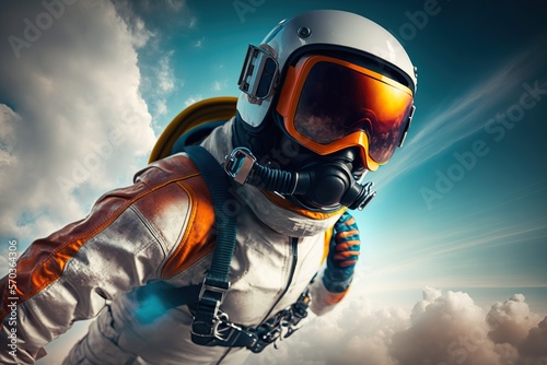 Skydiver in a jumpsuit freefalling above the clouds , Generative ai 