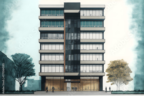 Contemporary apartment building, modern architecture, retail base with large windows, neural network generated art. Digitally generated image. Not based on any actual person, scene or pattern.