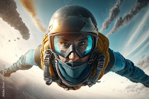 Skydiver in a jumpsuit freefalling above the clouds , Generative ai
