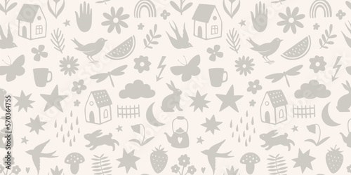 Fototapeta Naklejka Na Ścianę i Meble -  Hand drawn seamless pattern with doodle silhouette objects. Animals, stars, flowers, cute little symbols. Perfect for textile or paper wrapping design. Vector illustration